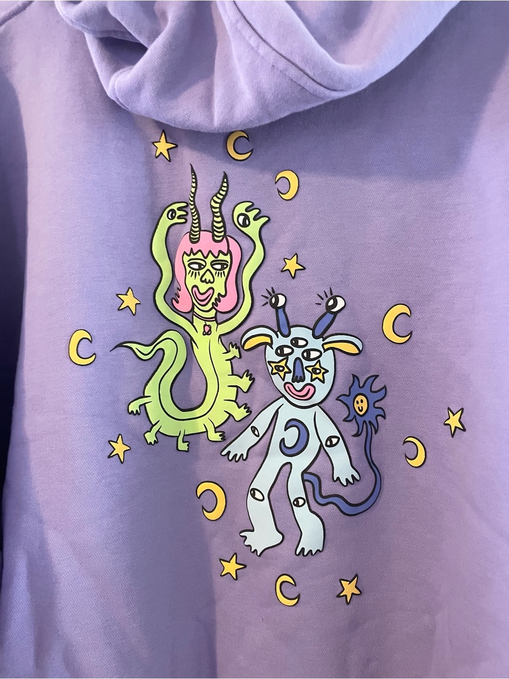 Lavender Smiley Sun And Alien Creatures Graphic Hoodie - Picture 4 of 5